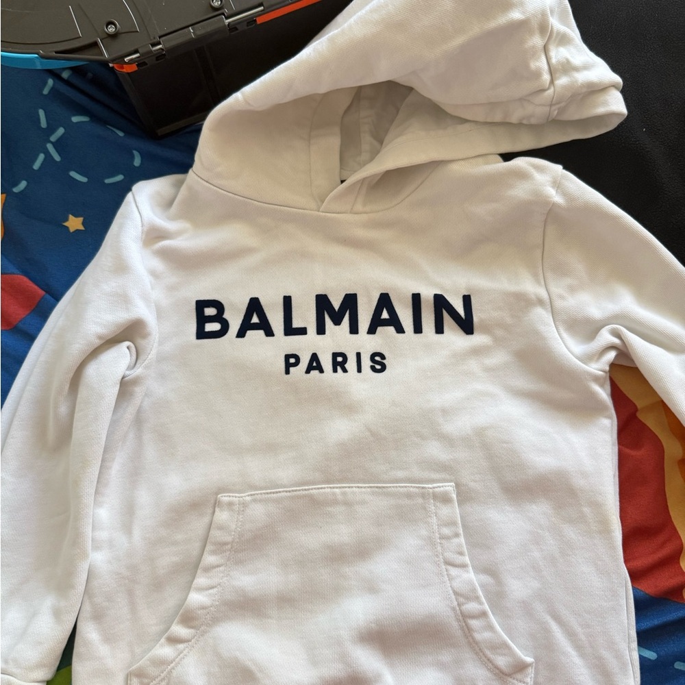 Balmain Kids White and Black Logo Hoodie